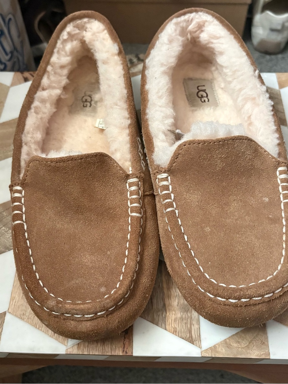 UGG Chestnut Suede Moccasin Slipper with Cream Shearling